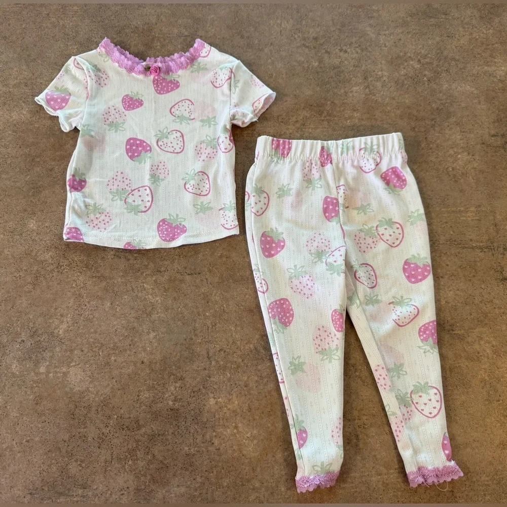 Btween Baby  Adorable Fun Pink & White Strawberry 2 Piece Lace Pajamas, Size 12M